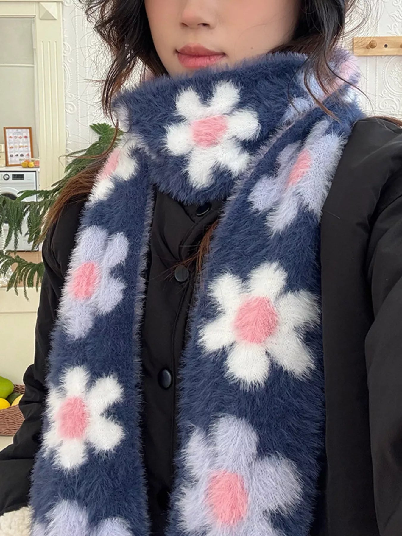 Floral Fuzzy Knit Scarf -