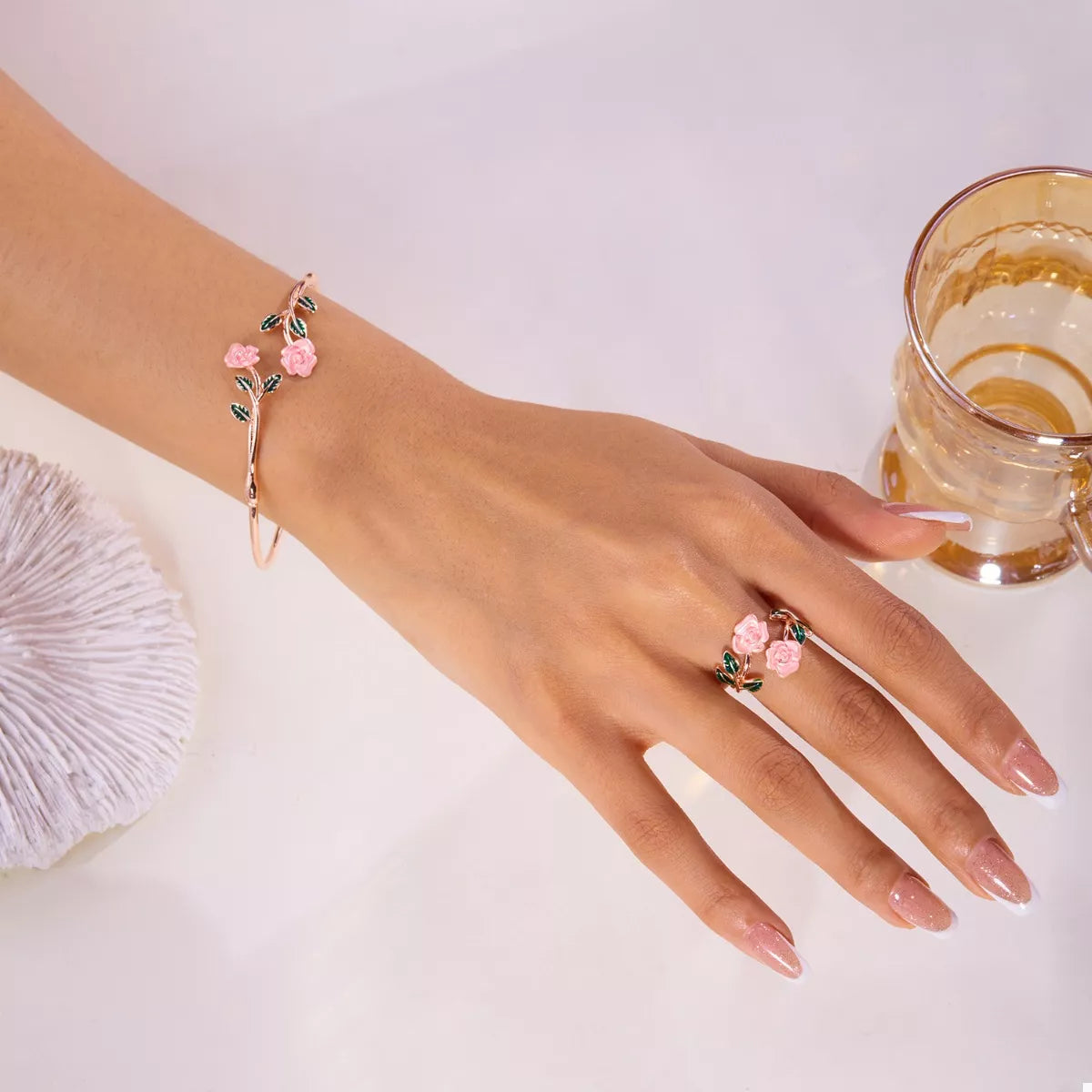 Rose Bypass Ring and Bracelet Jewelry Set - Rose Gold One Size