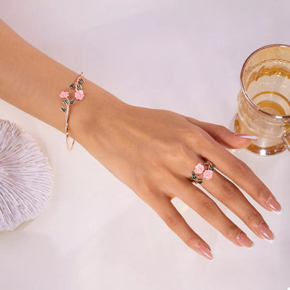 Rose Bypass Ring and Bracelet Jewelry Set - Rose Gold One Size