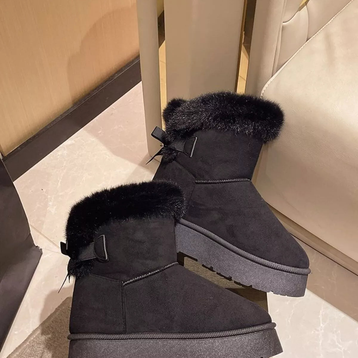 Round Toe Fuzzy Boots - Black