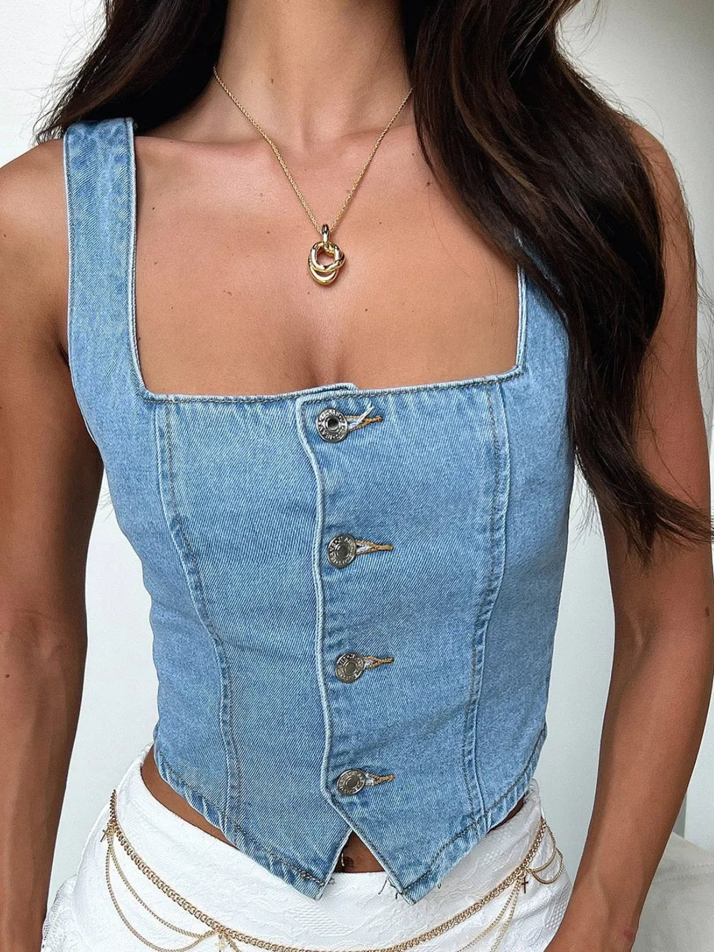 Smocked Square Neck Denim Top -