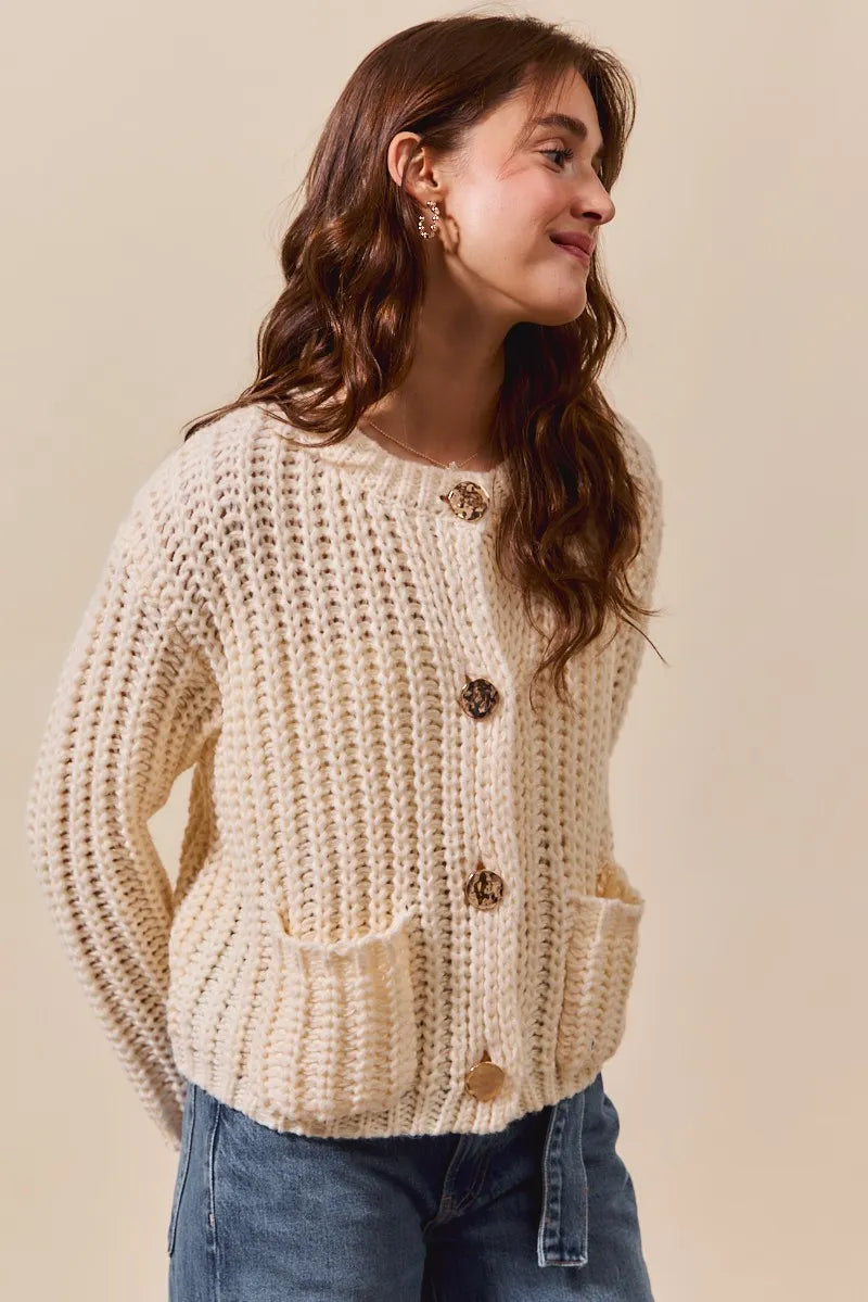 Metal Button Long Sleeve Chunky Sweater Cardigan - Cream