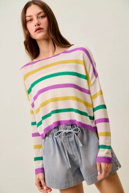 Mardi Gras Color Stripe Lightweight Sweater Top -