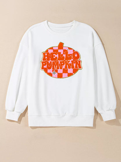 Pumpkin Patched Pattern Long Sleeve Sweatshirt - White