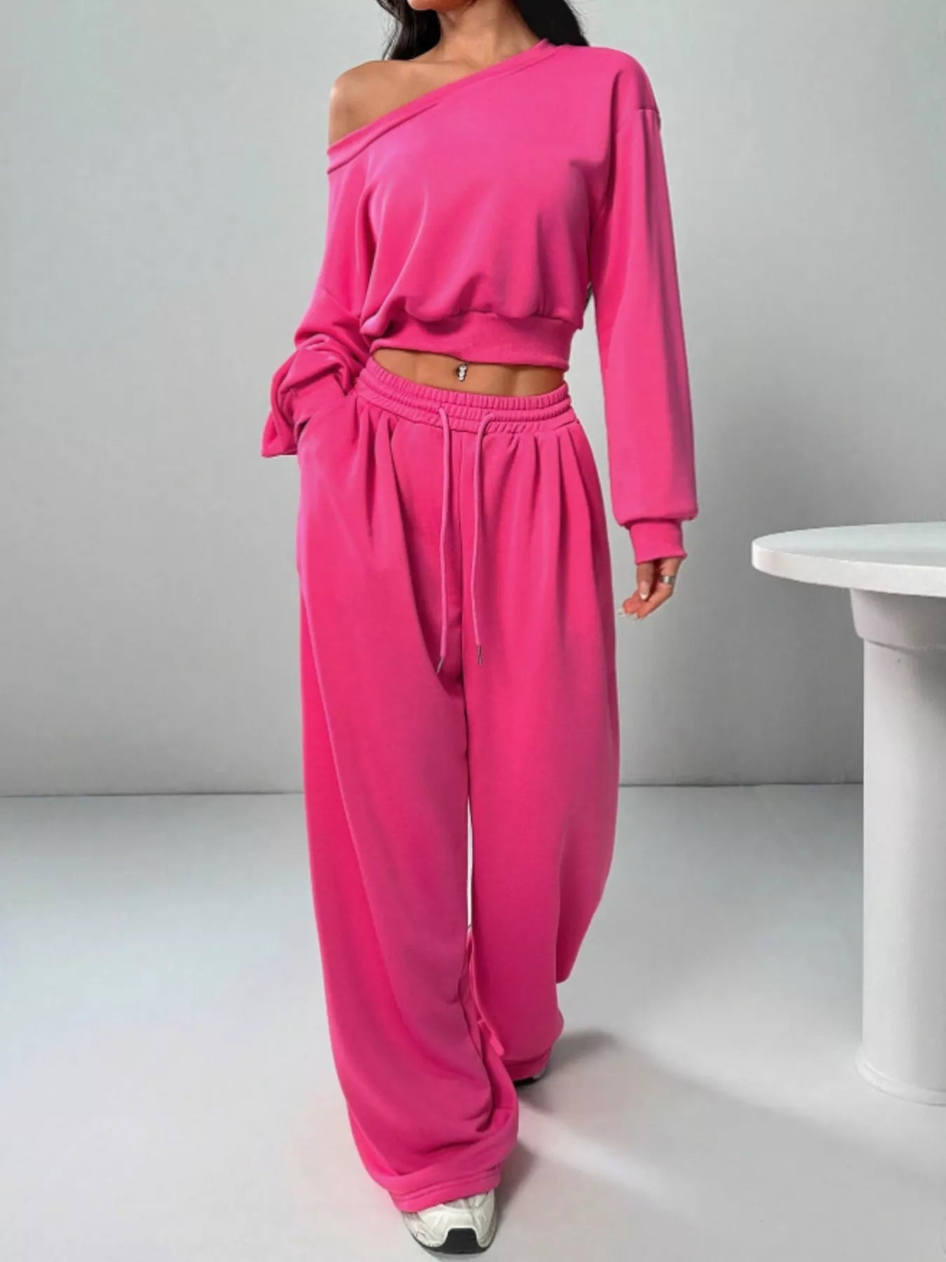 Boat Neck Long Sleeve Top and Pants Set - Rose Red
