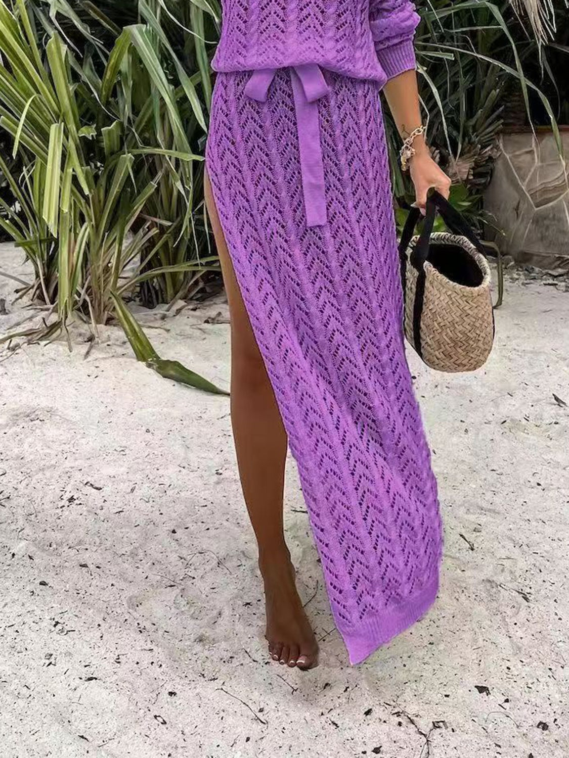 Slit Openwork Single Shoulder Knit Cover-Up Dress