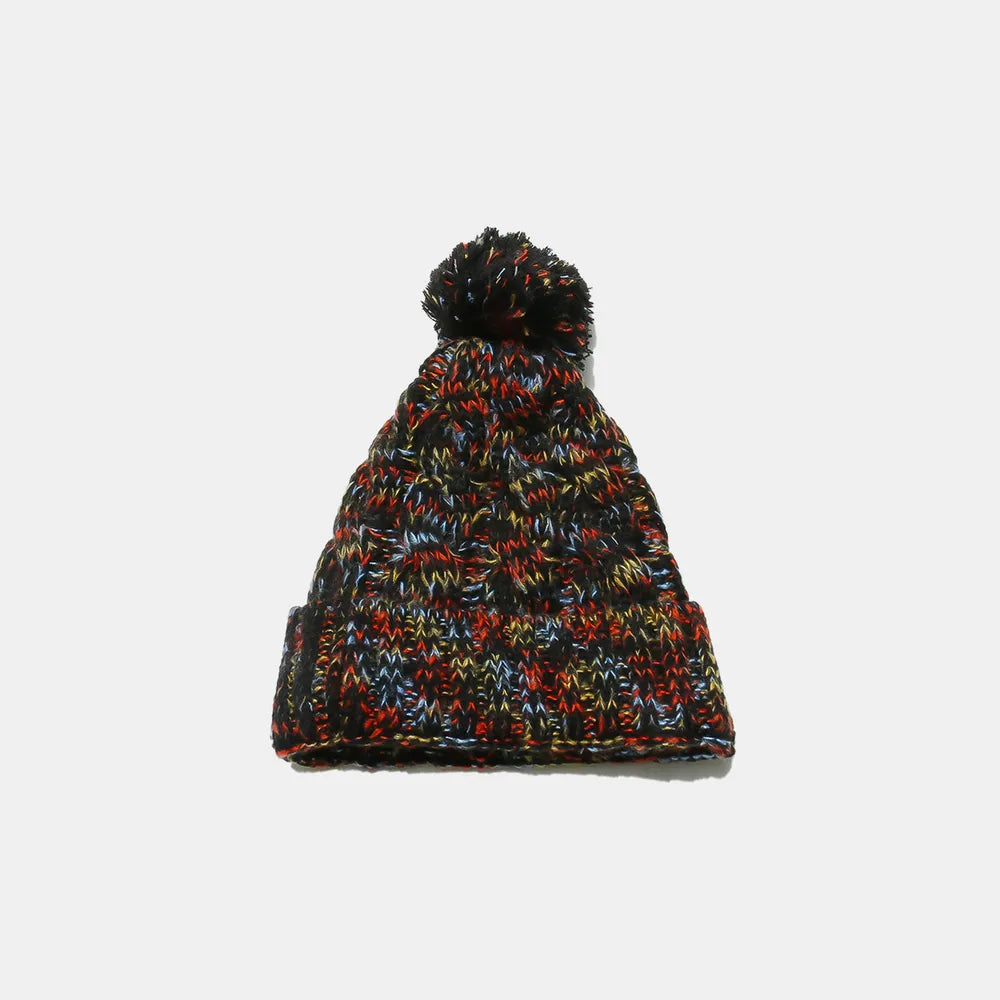Contrast Cable-Knit Hat with Pompom - Black One Size