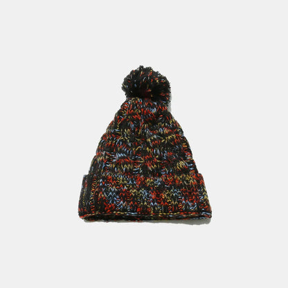 Contrast Cable-Knit Hat with Pompom - Black One Size