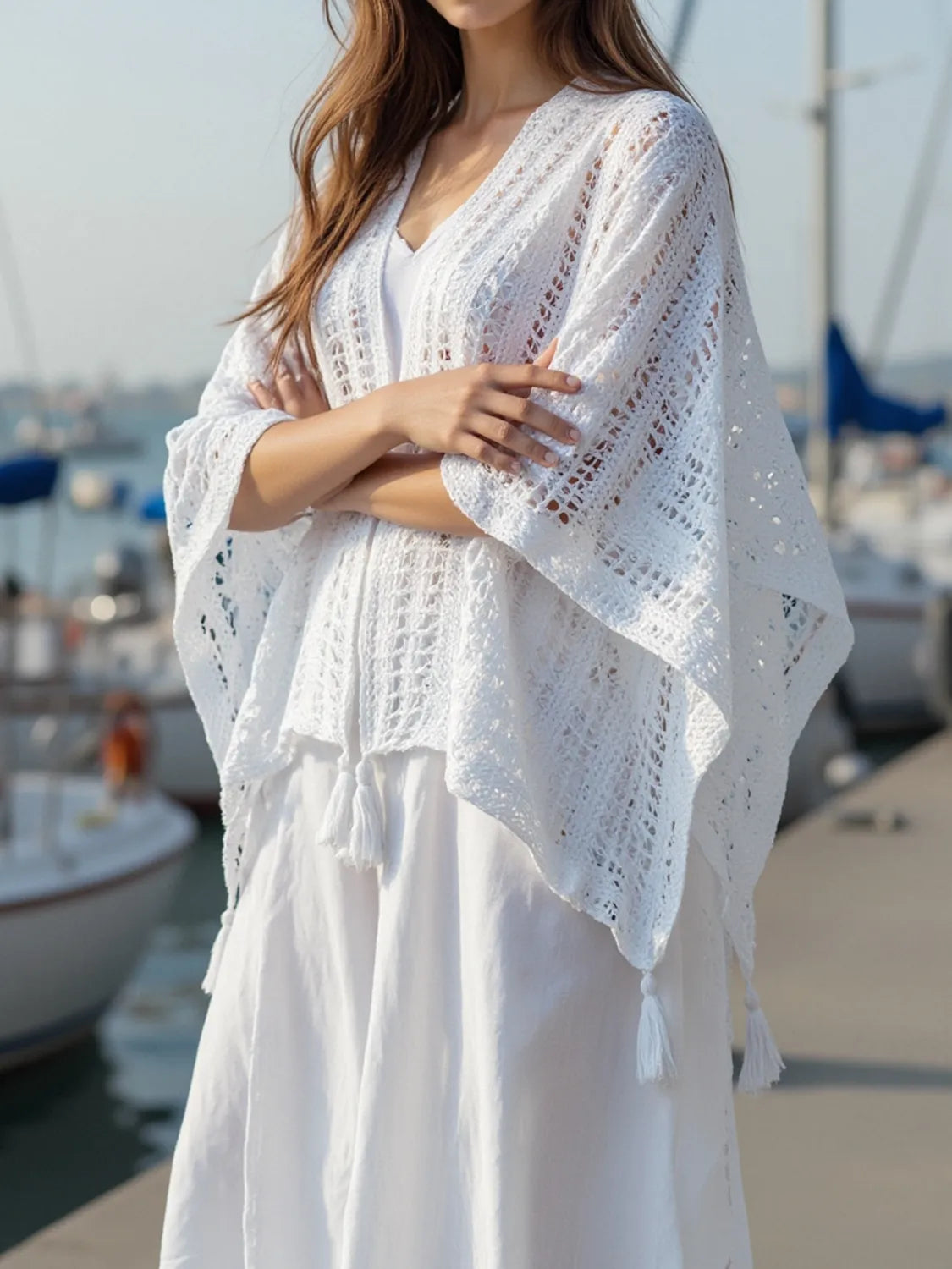 Openwork Tassel Open Front Knit Cover-Up - White One Size