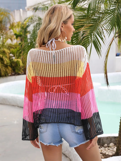 Color Block Openwork Boat Neck Cover Up - Pink