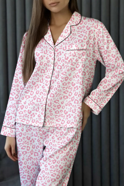 Leopard Print Button Up Top and Pants Pajama Set - Dusty Pink L