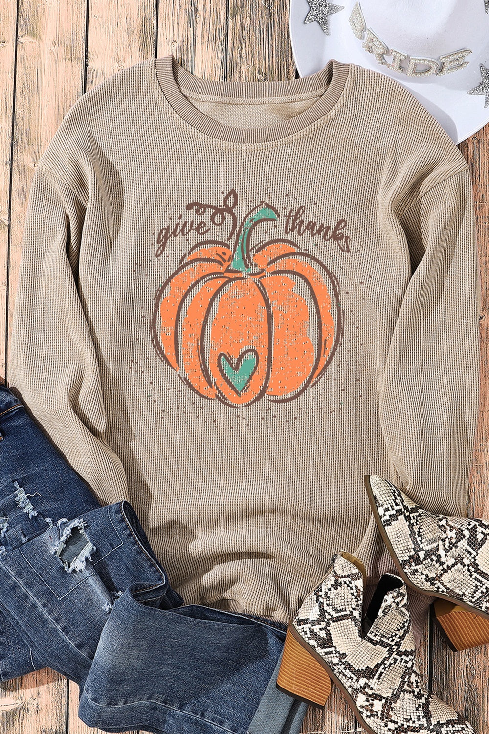 Pumpkin Graphic Round Neck Long Sleeve Sweatshirt - Tan