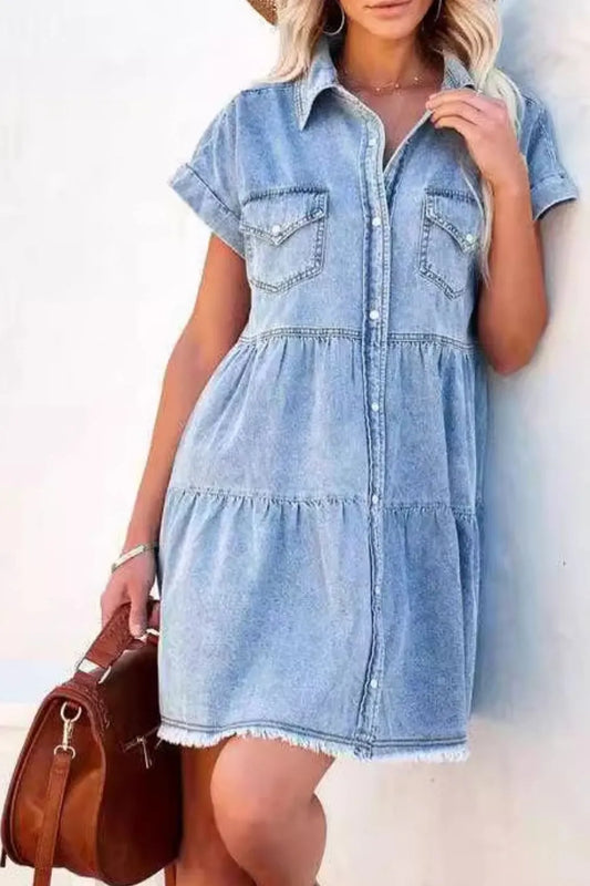 Raw Hem Button Down Denim Mini Dress - Light Blue