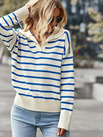 Ribbed Hem Long Sleeve Striped Sweater - Sky Blue