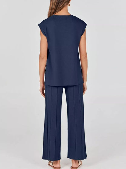 Casual Color Cap Sleeve Top and Pants Knit Set -