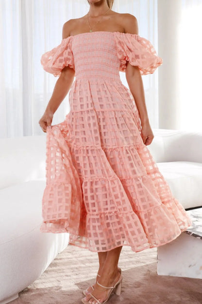 Off Shoulder Short Puff Sleeve Midi Dress -