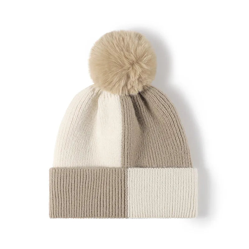 Color Block Knit Hat with Pom-pom - Khaki One Size