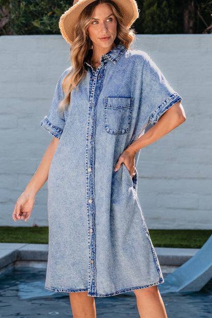 Pocketed Button Up Half Sleeve Denim Dress - Medium