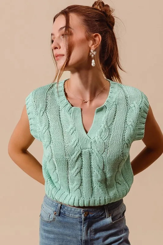 Notched Neck Cable Knit Sweater Vest - Dusty Sage