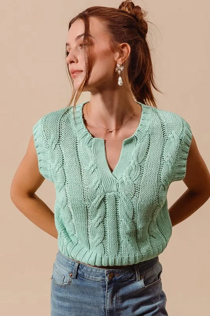 Notched Neck Cable Knit Sweater Vest - Dusty Sage
