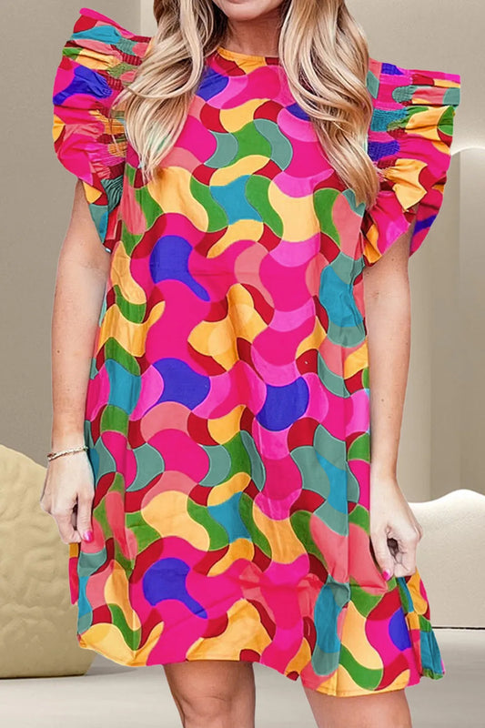 Contrast Print Round Neck Cap Sleeve Mini Dress - Hot Pink