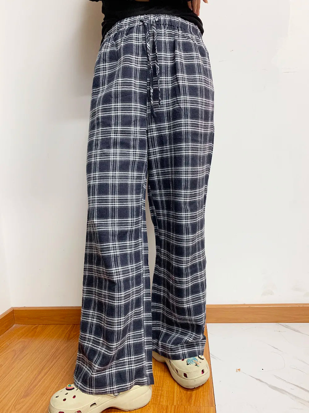 Plaid Drawstring Wide Leg Pants -