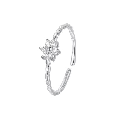 Sterling Silver Zircon Flower Open Ring -