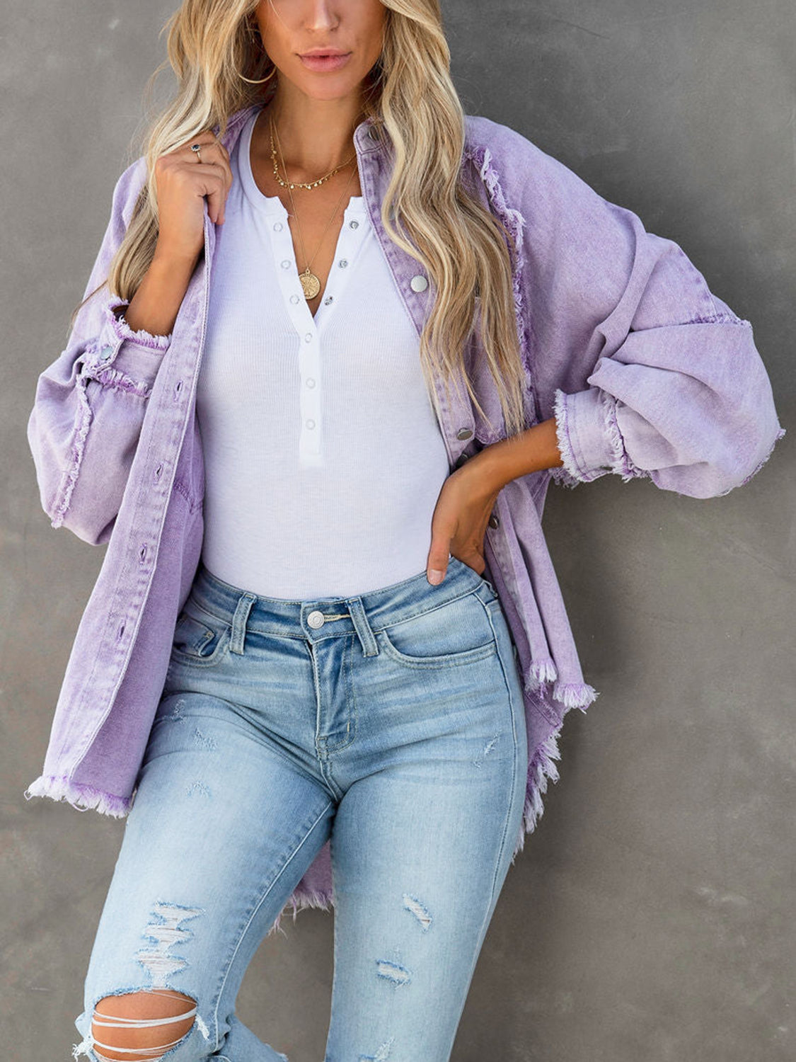 Button Down Raw Hem Denim Jacket - Lavender