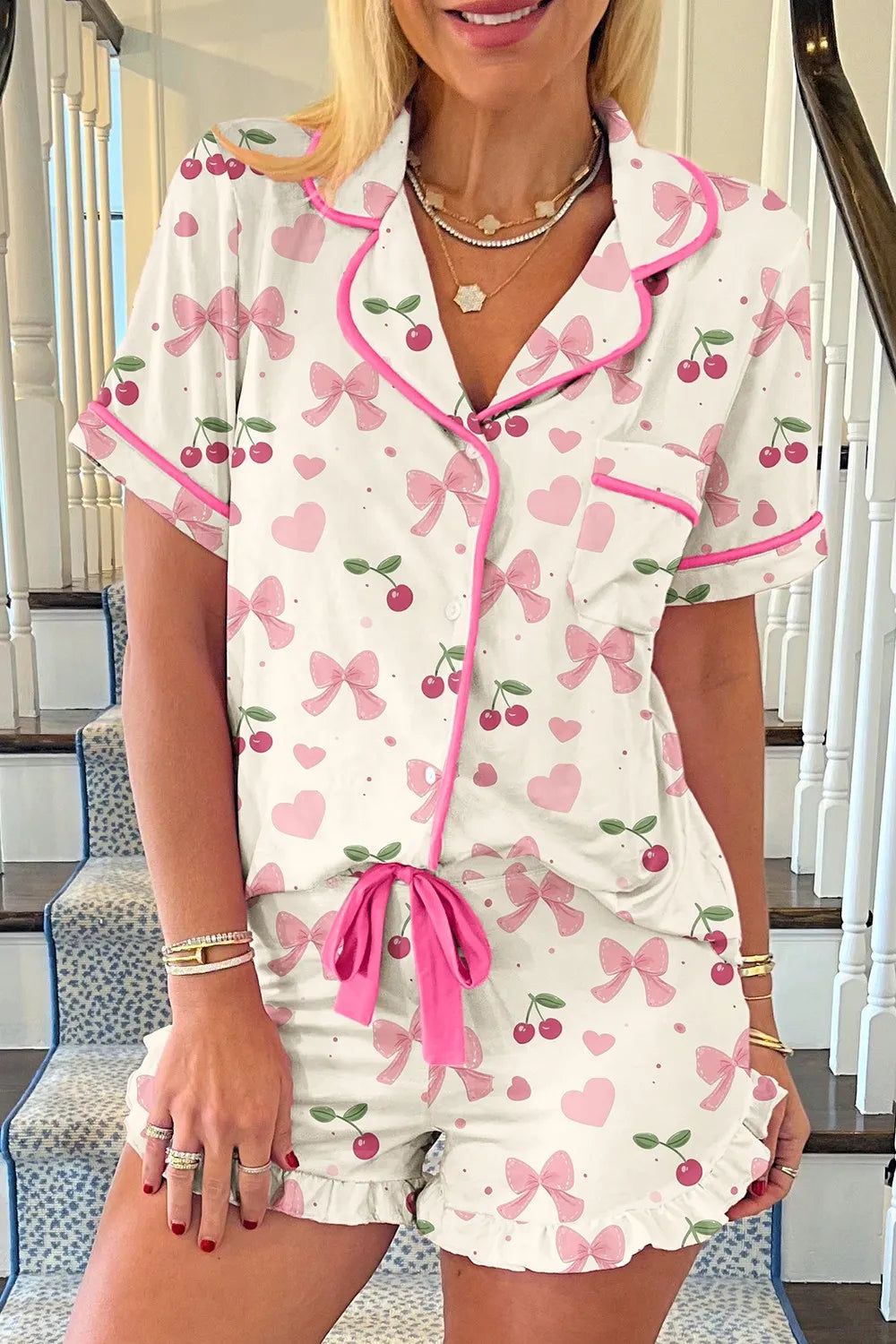 Printed Short Sleeve Top and Shorts Lounge Set - Hot Pink