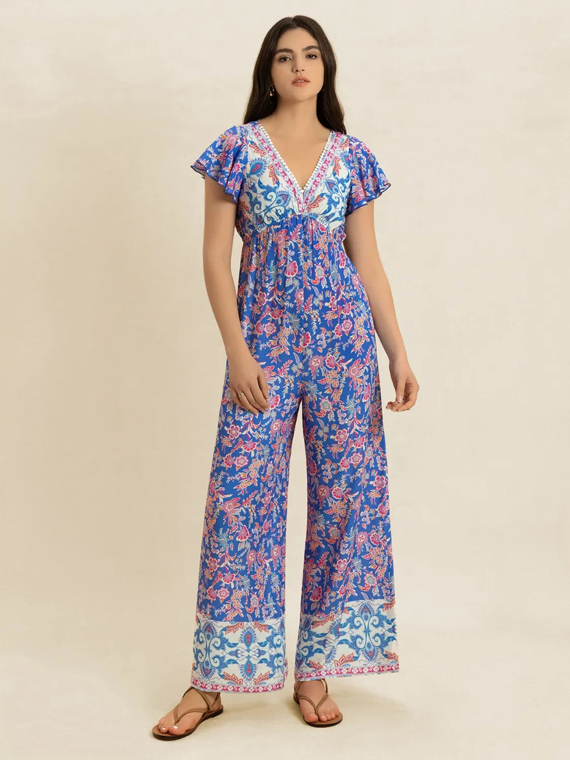 Printed V-Neck Wide Leg Jumpsuit -