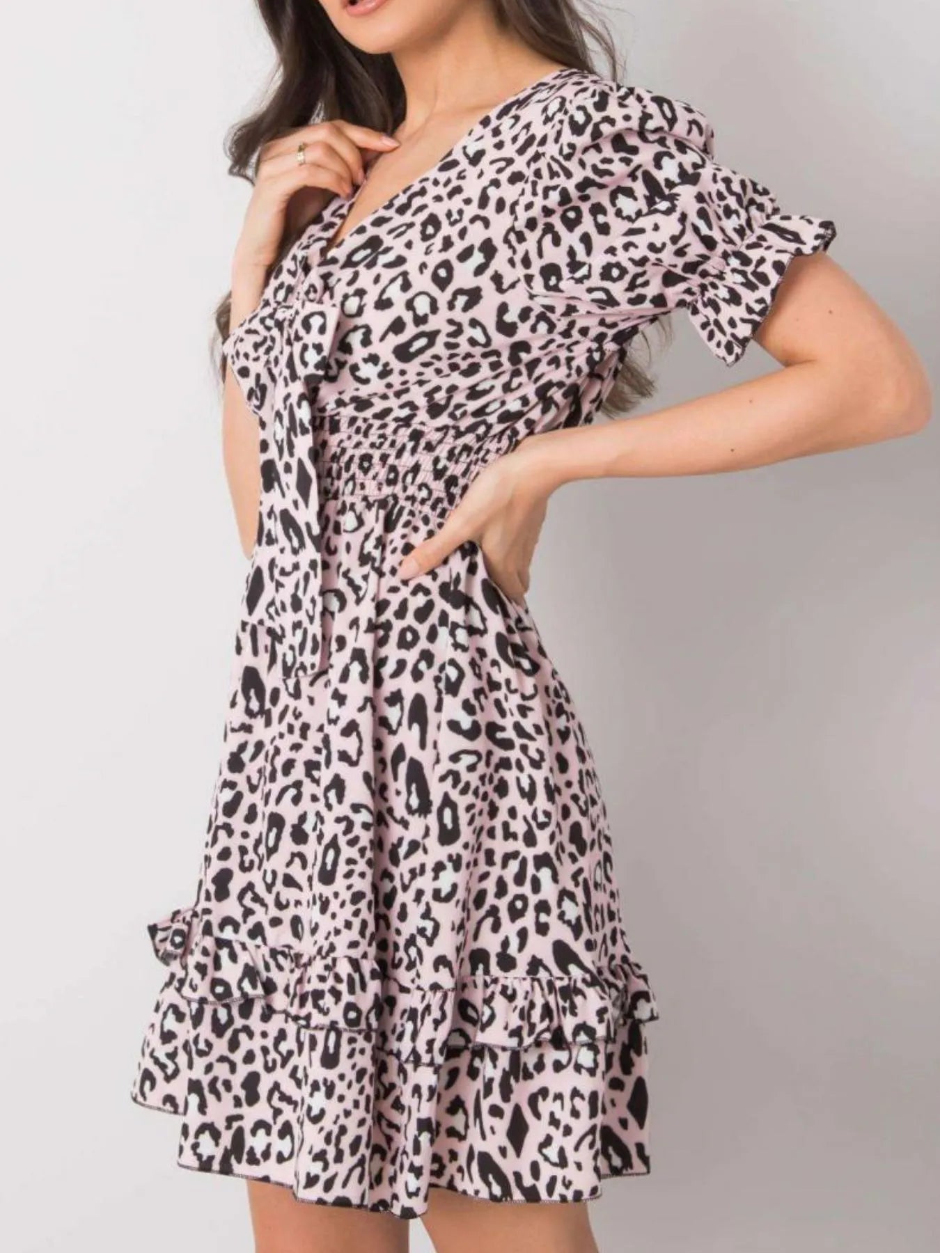 Leopard Print Tie Front Short Sleeve Mini Dress -