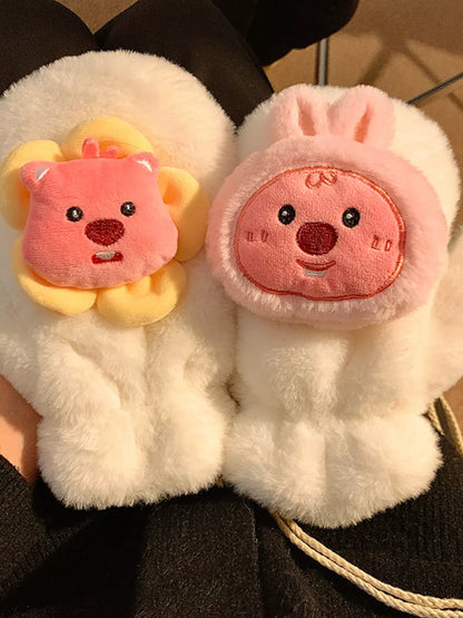 Cartoon Plush Warm Gloves - Cream One Size