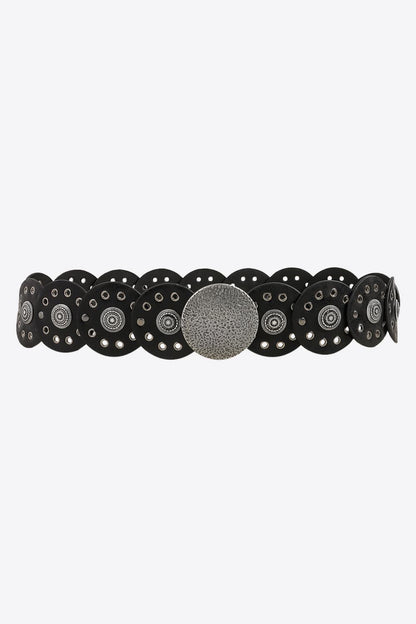 Round Shape PU Leather Belt - Black Style B One Size