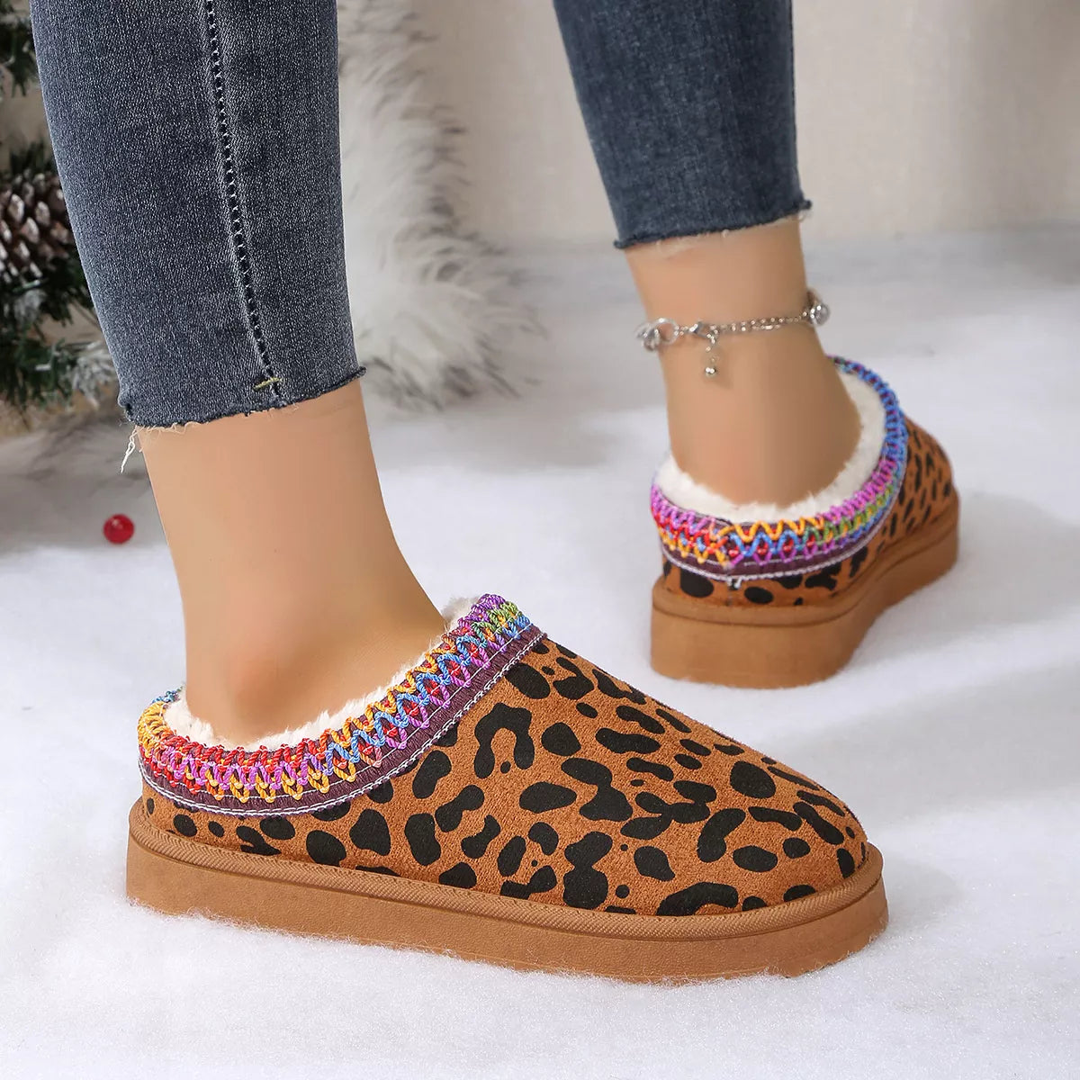 Leopard Print Plush Lined Warm Slip-Ons - Brown