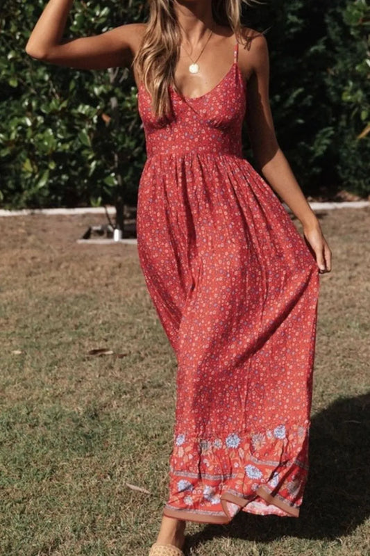 Printed Maxi Cami Dress - Deep Red
