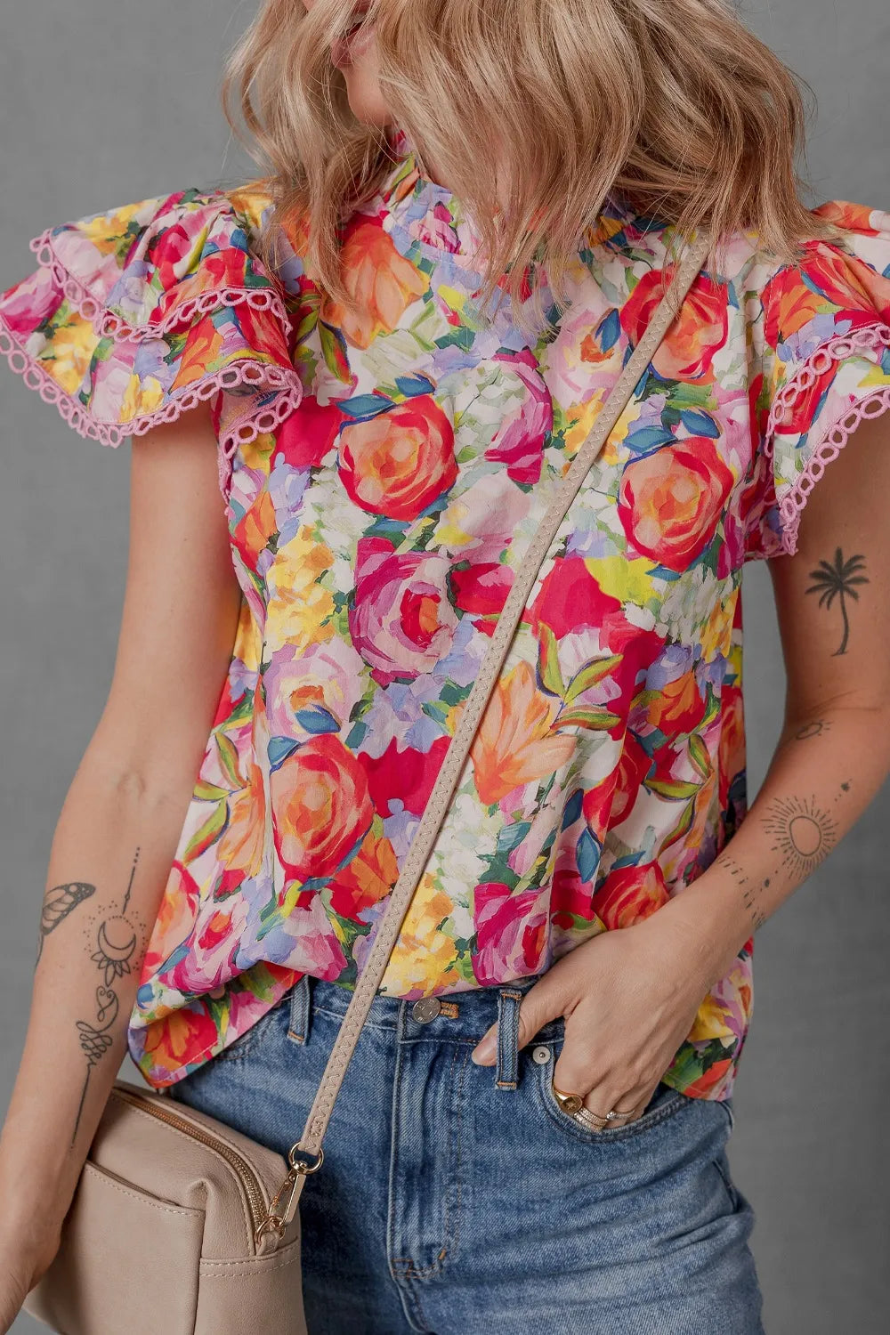 Lace Trim Ruffle Cap Sleeve Floral Blouse -