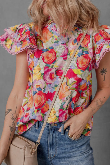 Lace Trim Ruffle Cap Sleeve Floral Blouse -
