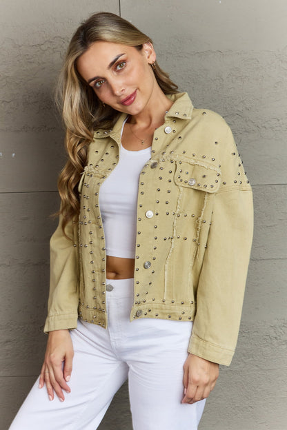 Frayed Trim Rivet Denim Jacket - Khaki