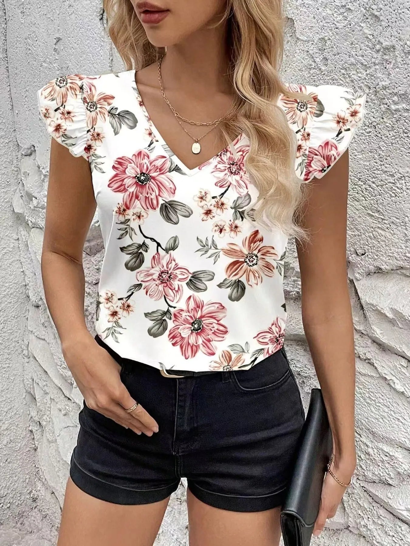 Floral Print Ruffle Sleeve V-Neck Blouse - White
