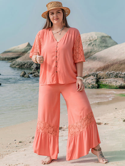 Plus Size Button Up Half Sleeve Top and Pants Set - Coral