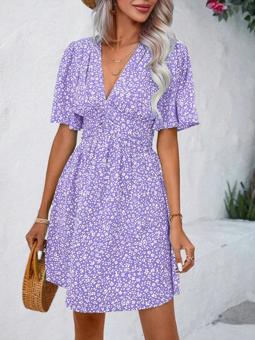 Printed V-Neck Half Sleeve Mini Dress - Lavender