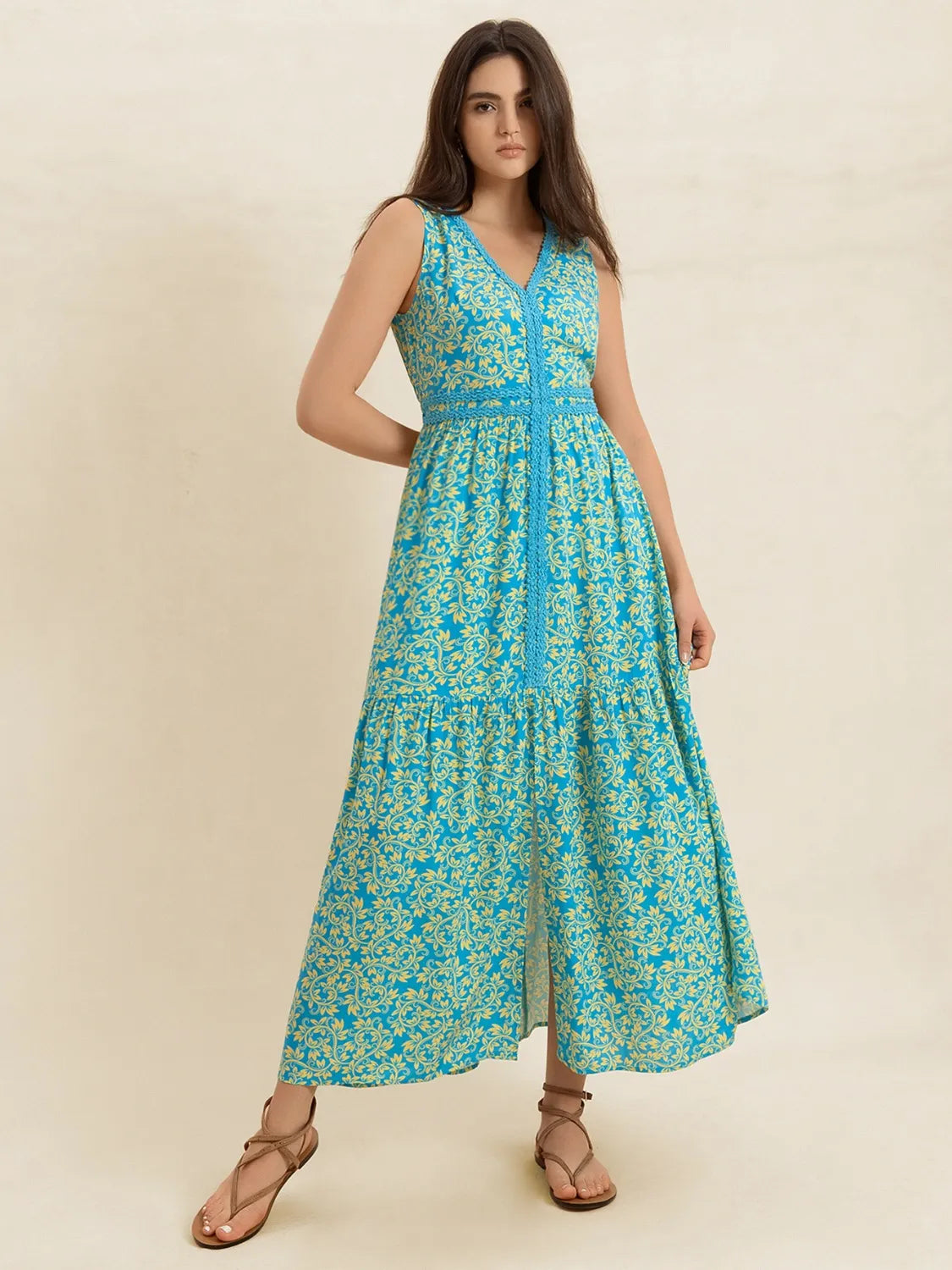 Slit Printed V-Neck Sleeveless Dress -