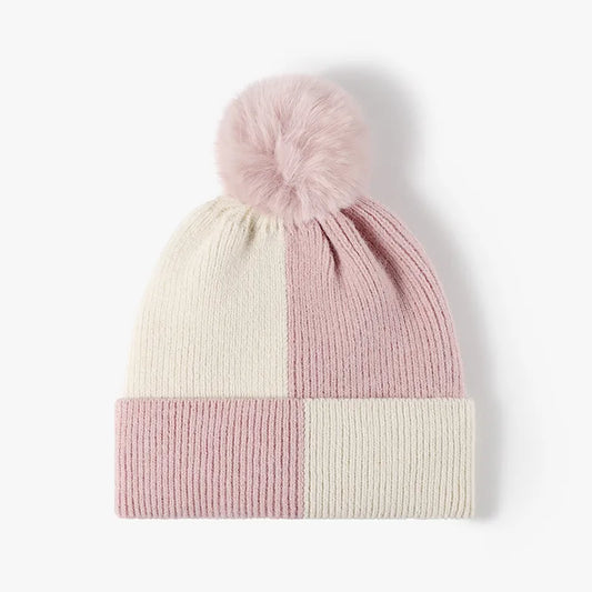 Color Block Knit Hat with Pom-pom - Blush Pink One Size