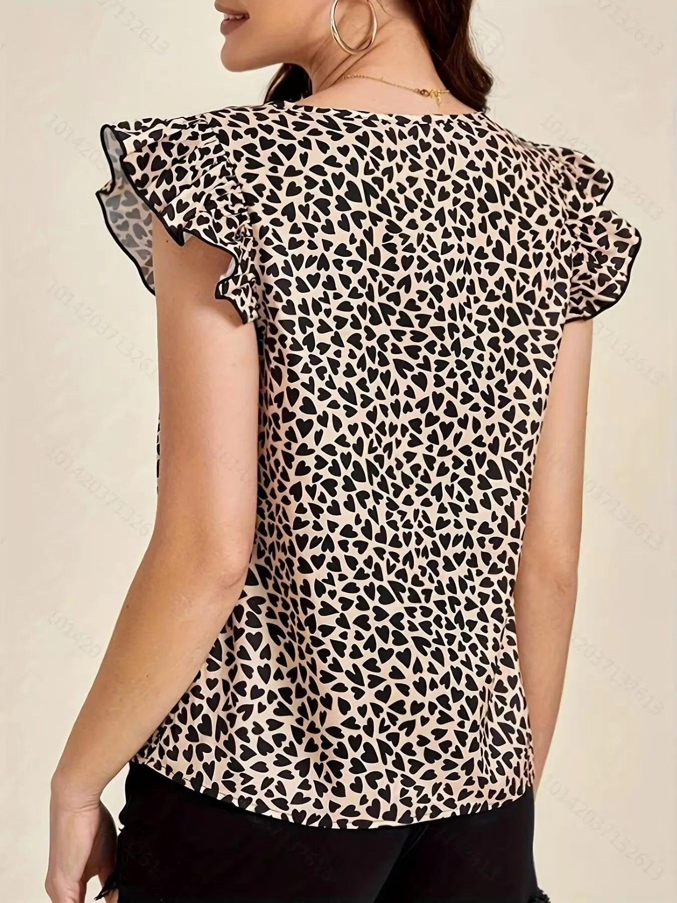 Floral Print Ruffle Sleeve V-Neck Blouse - Brown