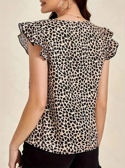 Floral Print Ruffle Sleeve V-Neck Blouse - Brown