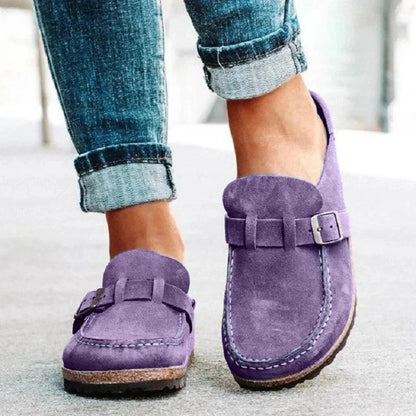 Round Toe Low Heel Buckle Loafers - Purple