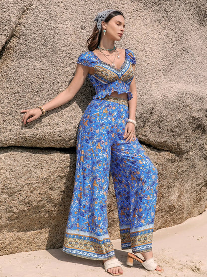 Printed V-Neck Top and Pants Set - Blue