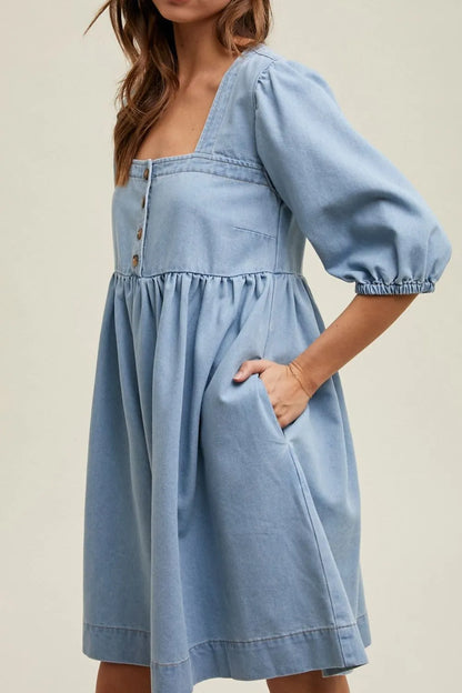 Square Neck Half Sleeve Denim Dress -