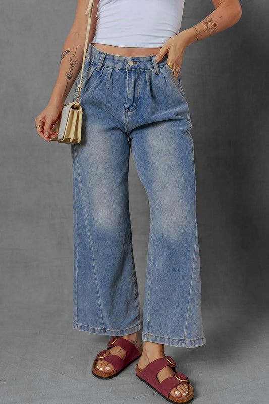High-Waist Wide Leg Pleated Denim Jeans - Medium Wash