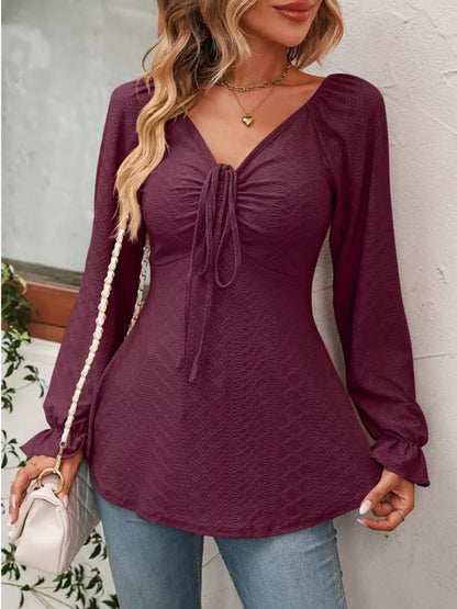 Drawstring Ruffled V-Neck Long Sleeve Blouse